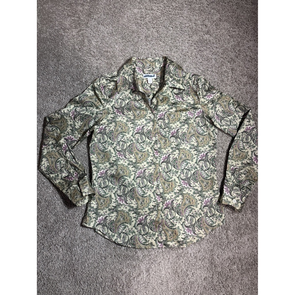 Charter Club Womens Green Purple Paisley 100% Cotton Button Down Shirt Size 4